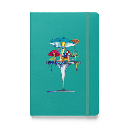 Melt away mushrooms hand-drawn art turquoise notebook journal, front view, by Briseis Gifts