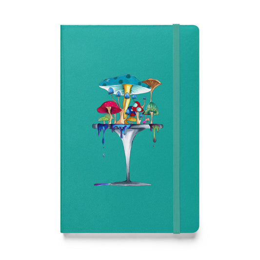 Melt away mushrooms hand-drawn art turquoise notebook journal, front view, by Briseis Gifts