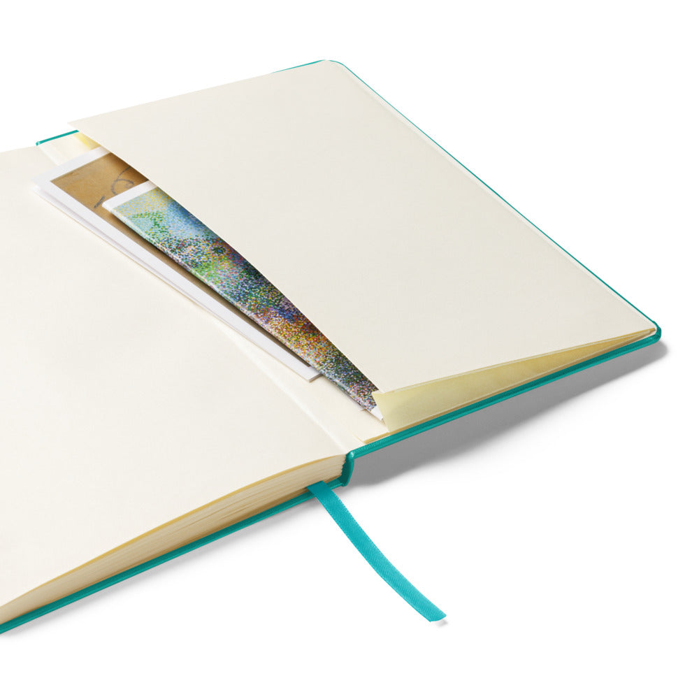 Melt away mushrooms hand-drawn art turquoise notebook journal, inside pocket view, by Briseis Gifts