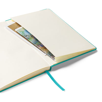 Melt away mushrooms hand-drawn art turquoise notebook journal, inside pocket view, by Briseis Gifts