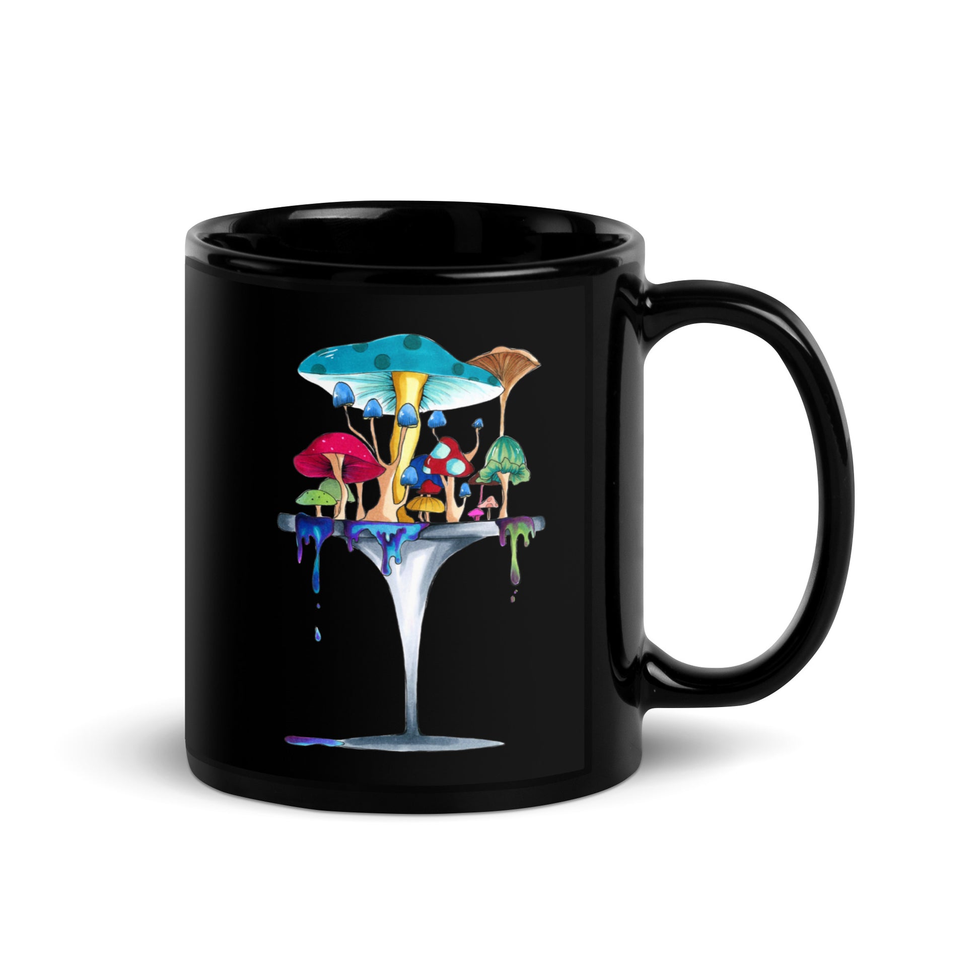 Melting away mushrooms hand-drawn art black ceramic mug, graphic side, by Briseis Gifts