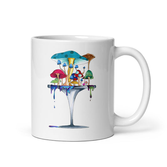 Melting away mushrooms hand-drawn art white ceramic mug, graphic side, by Briseis Gifts