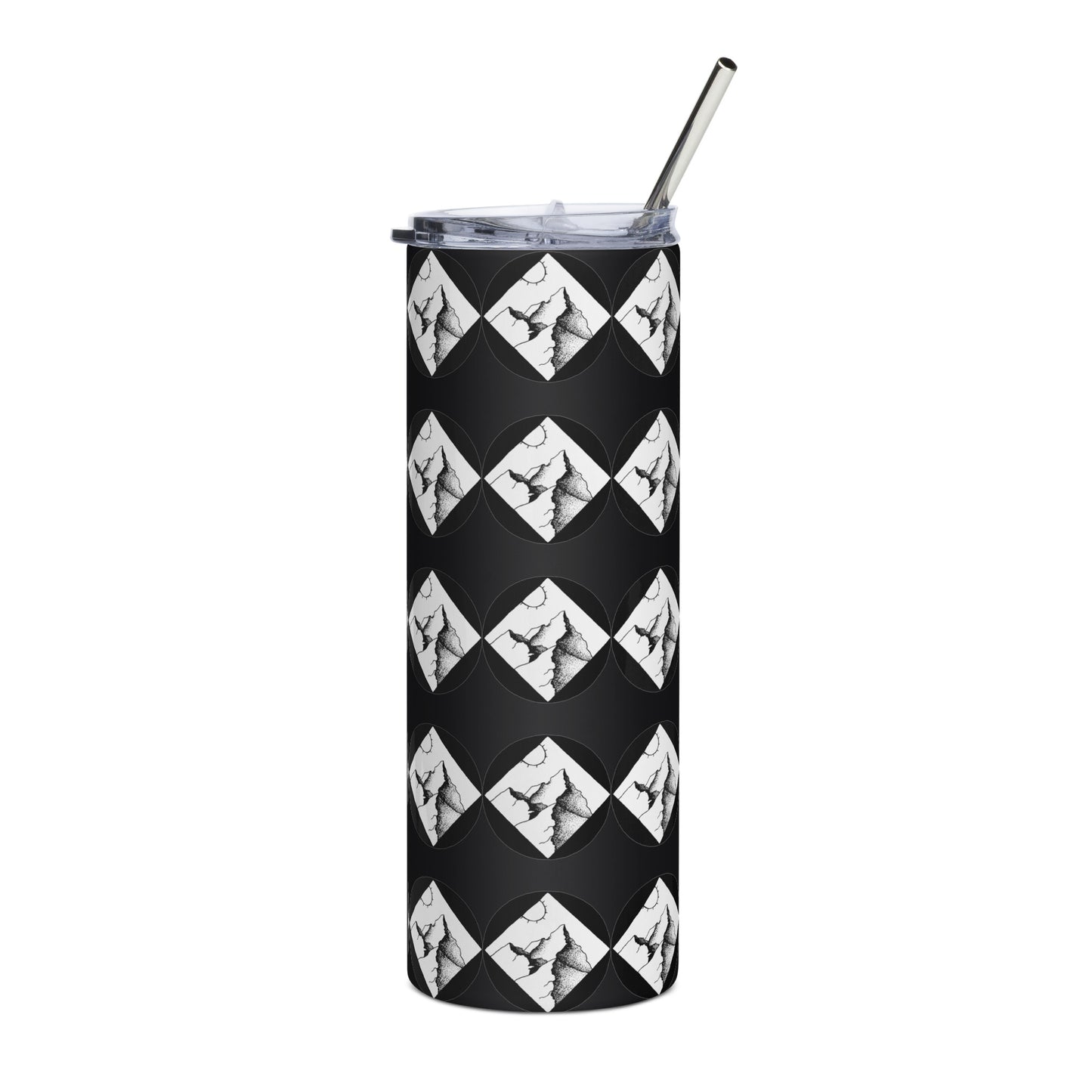 Mountain adventure hand-drawn art black stainless steel tumbler front view