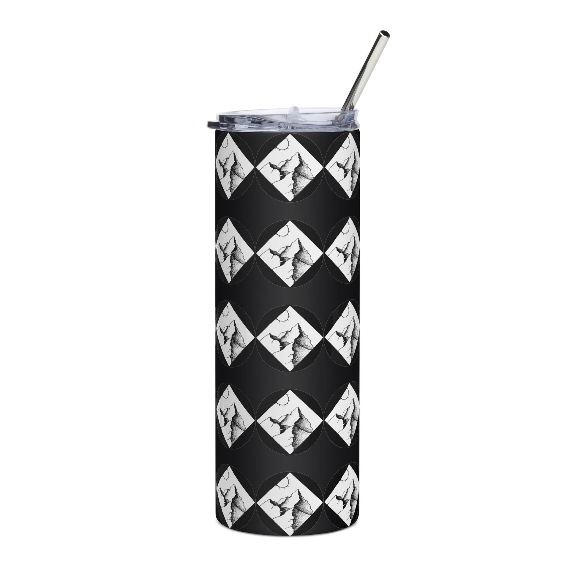 Mountain adventure hand-drawn art black stainless steel tumbler front view