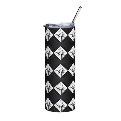 Mountain adventure hand-drawn art black stainless steel tumbler front view