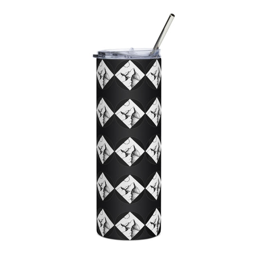 Mountain adventure hand-drawn art black stainless steel tumbler front view