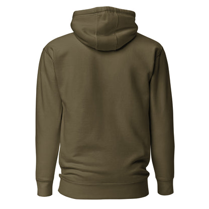 Mountain adventure hand-drawn art statement military green hoodie back view