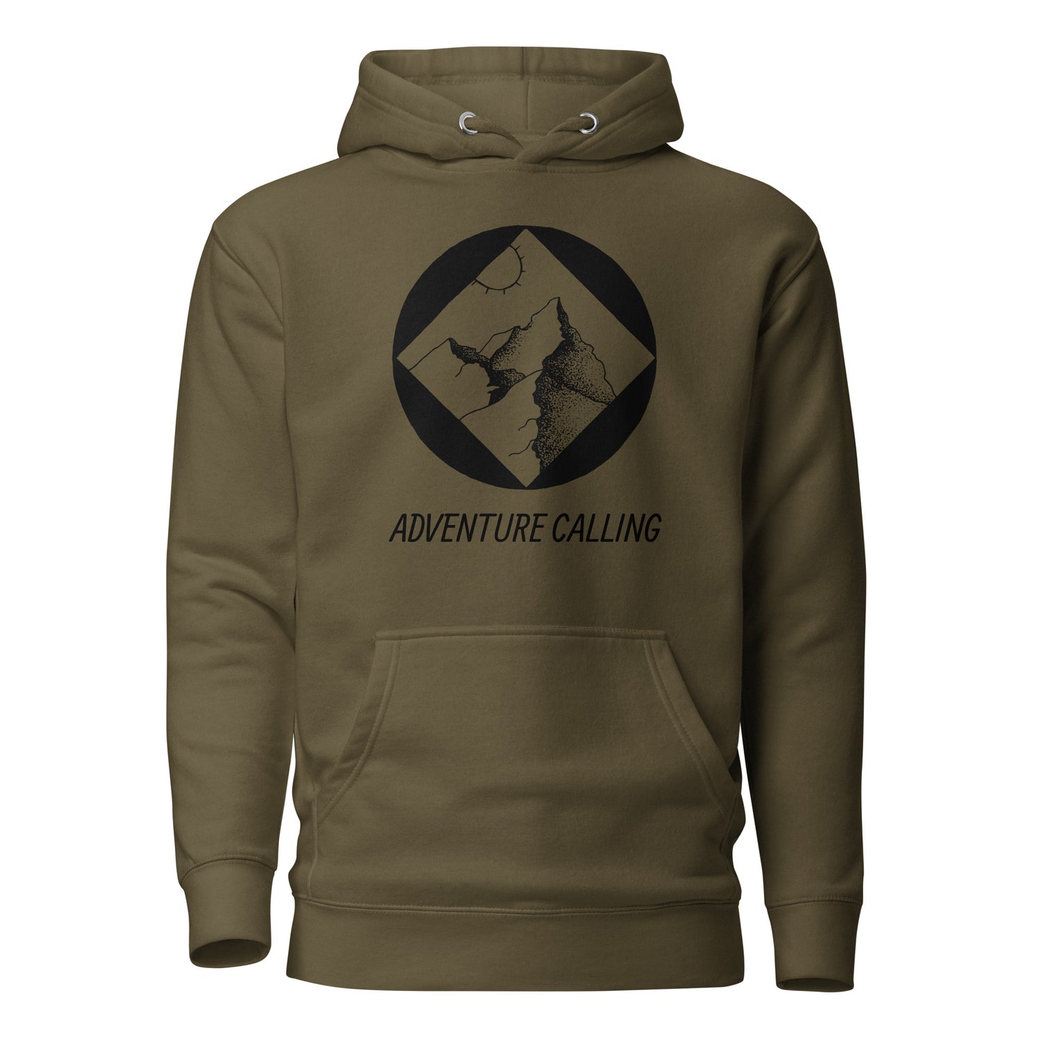 Mountain adventure hand-drawn art statement military green hoodie front view