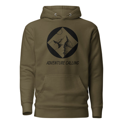 Mountain adventure hand-drawn art statement military green hoodie front view