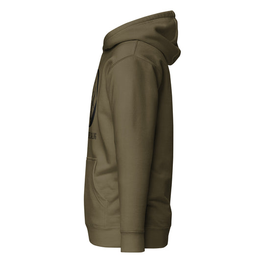 Mountain adventure hand-drawn art statement military green hoodie left view