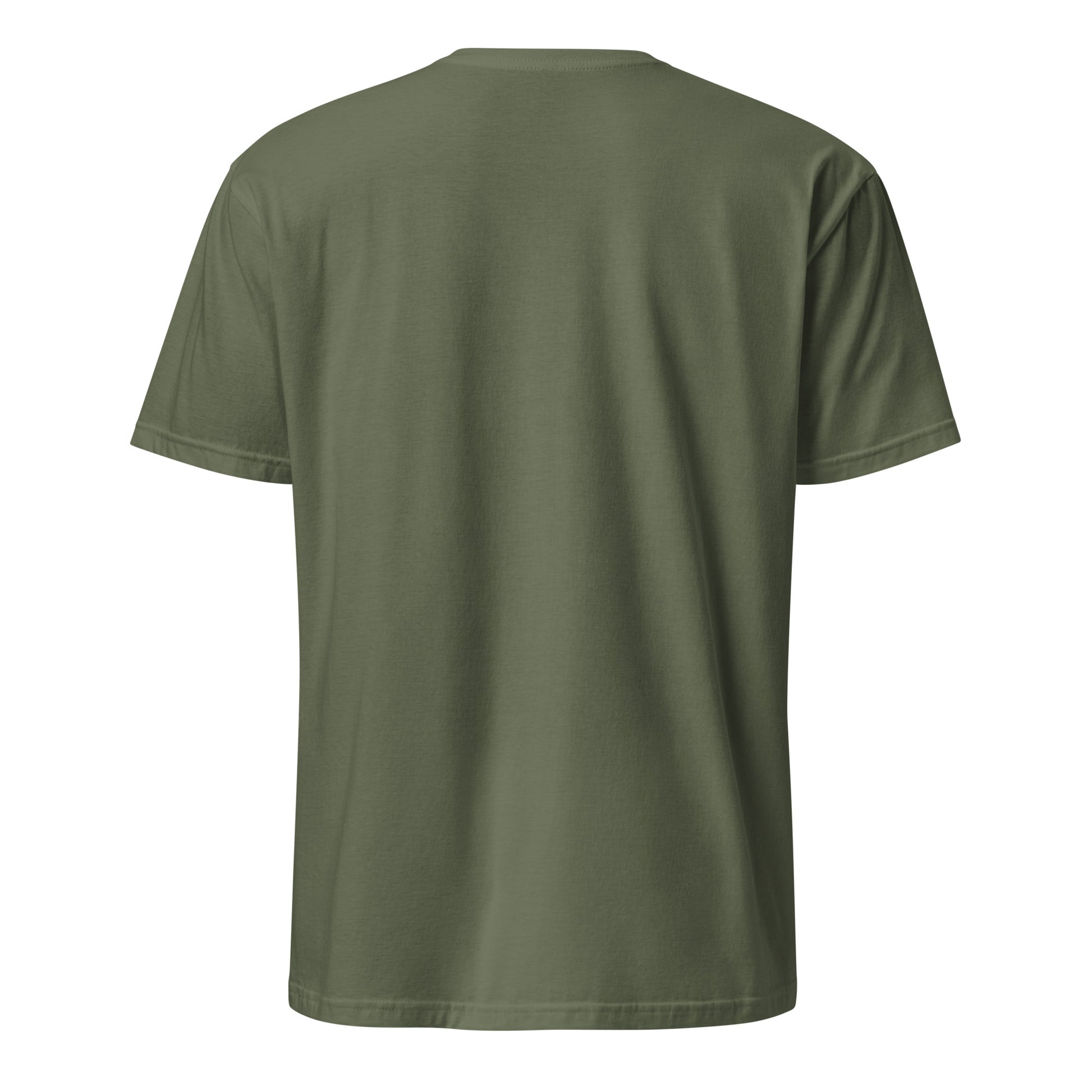 Mountain adventure hand-drawn art military green unisex t-shirt, back view, by Briseis Gifts