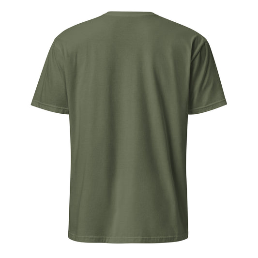 Mountain adventure hand-drawn art military green unisex t-shirt, back view, by Briseis Gifts