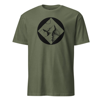 Mountain adventure hand-drawn art military green unisex t-shirt, front view, by Briseis Gifts