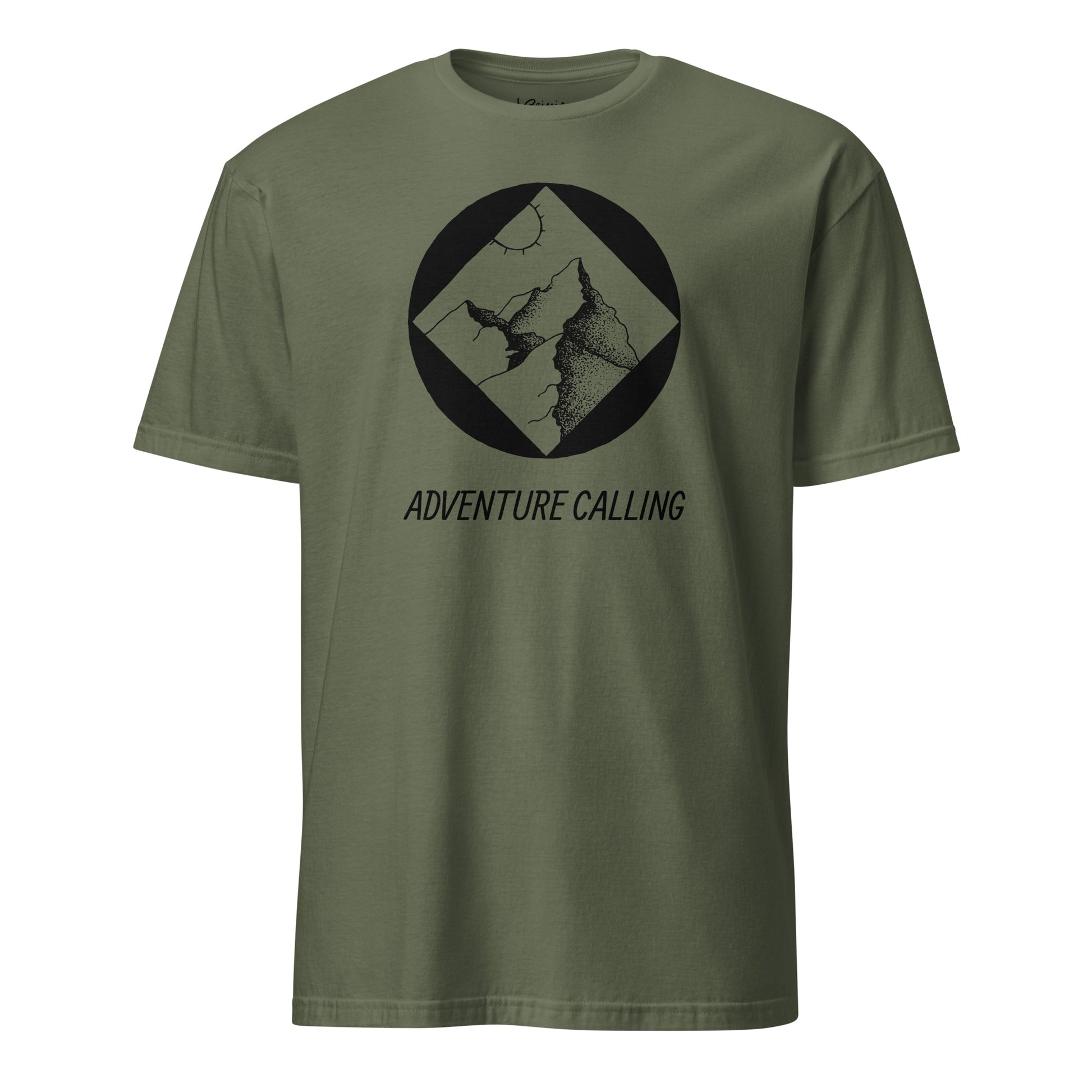 Mountain adventure hand-drawn art military green unisex statement t-shirt, front view, by Briseis Gifts