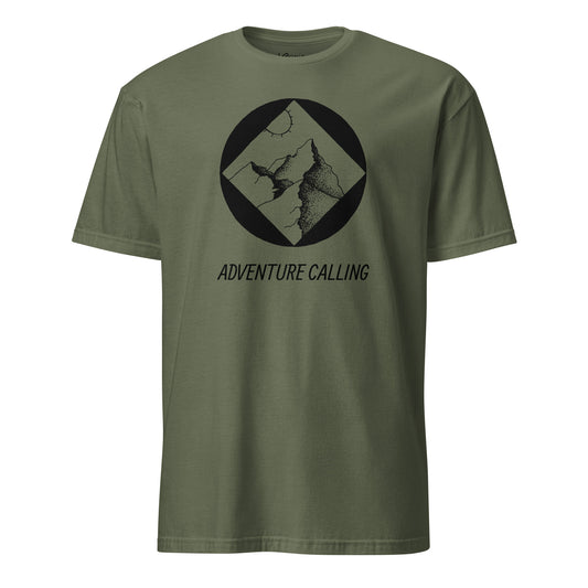 Mountain adventure hand-drawn art military green unisex statement t-shirt, front view, by Briseis Gifts