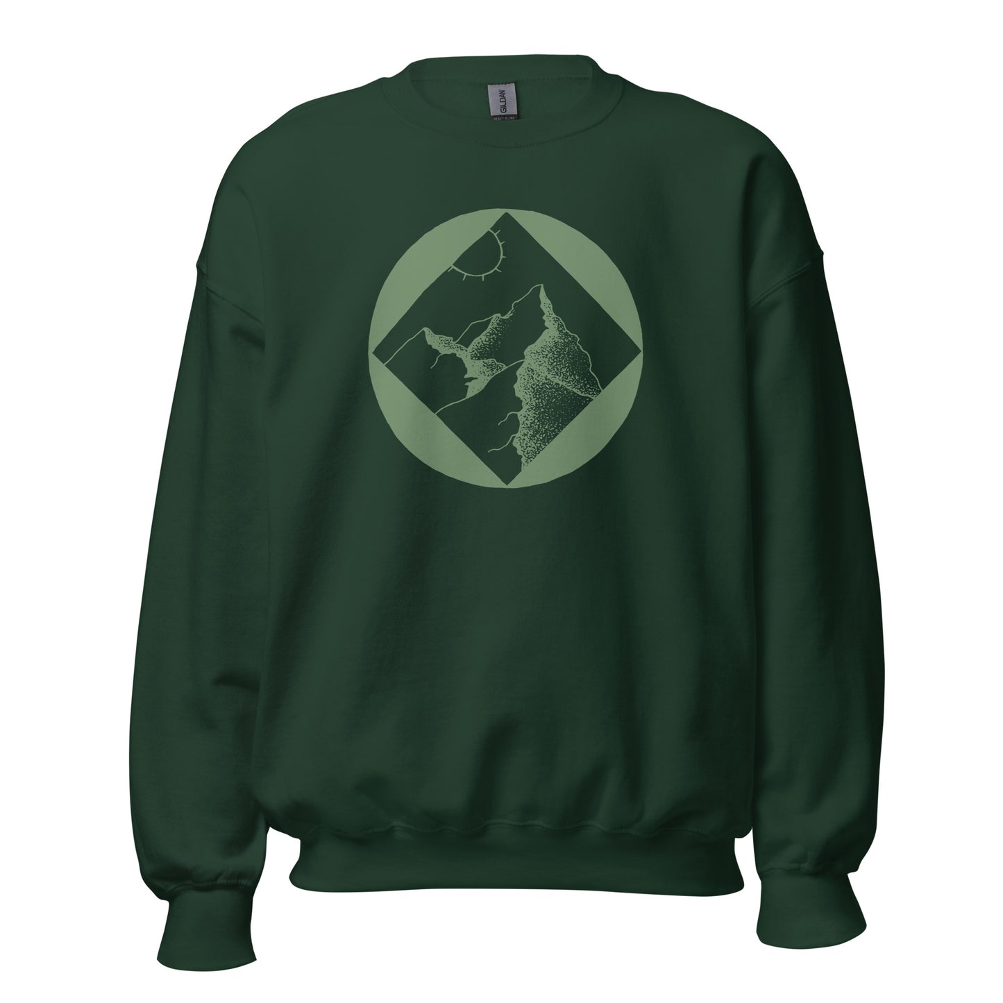 Mountain and sun hand-drawn art forest green crew neck sweatshirt, front view, by Briseis Gifts