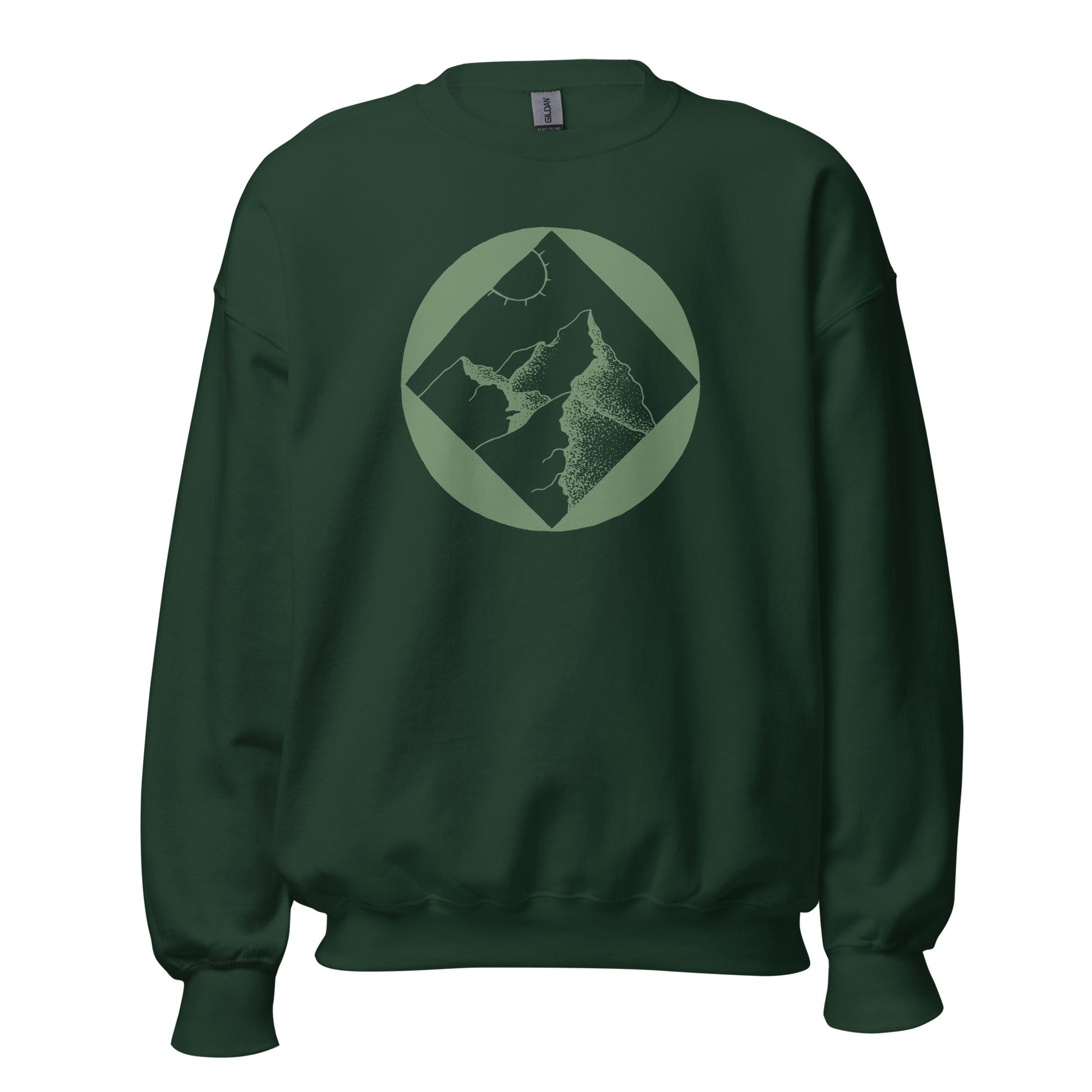 Mountain and sun hand-drawn art forest green crew neck sweatshirt, front view, by Briseis Gifts