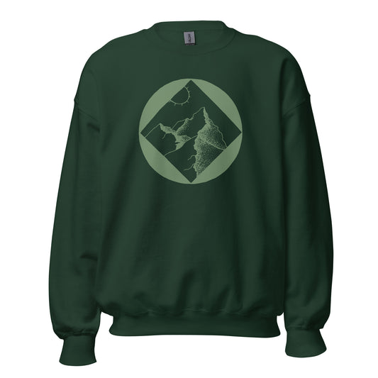 Mountain and sun hand-drawn art forest green crew neck sweatshirt, front view, by Briseis Gifts
