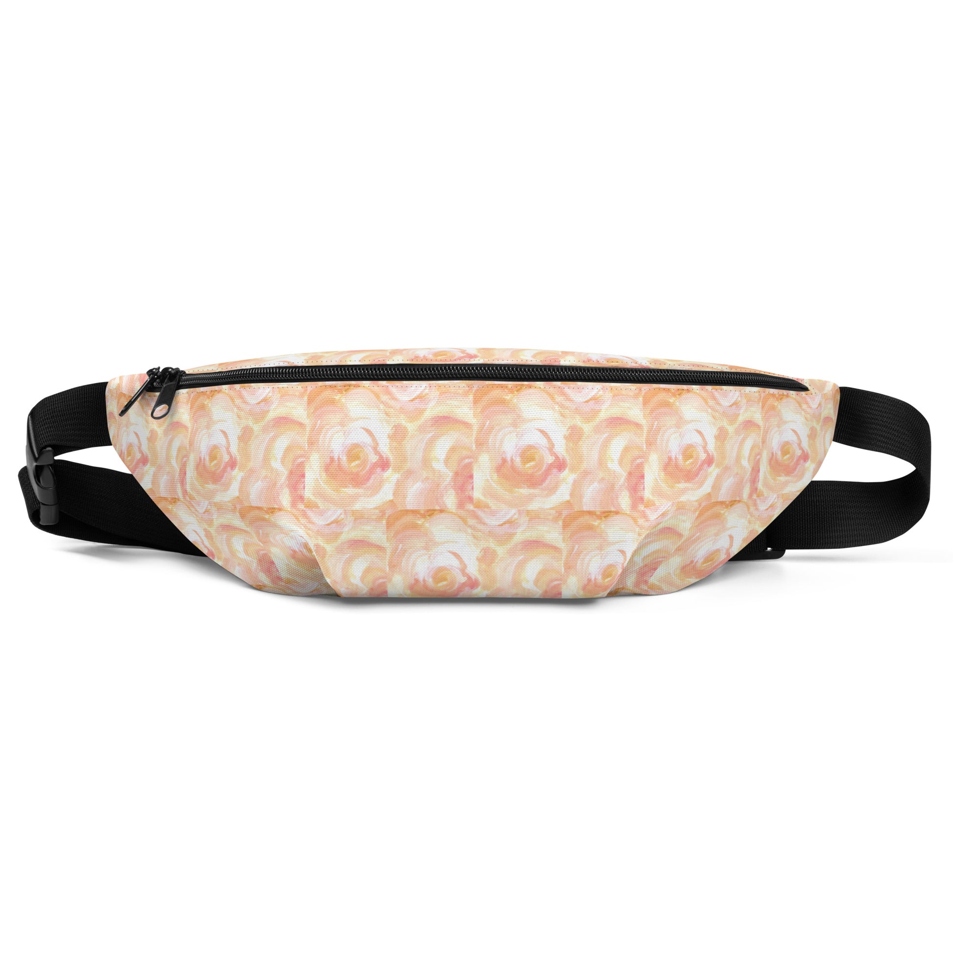 Orange floral design hand-drawn art fanny pack front view, by Briseis Gifts