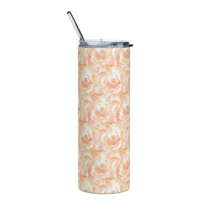 Orange floral design hand-drawn art stainless stell tumbler back view, by Briseis Gifts
