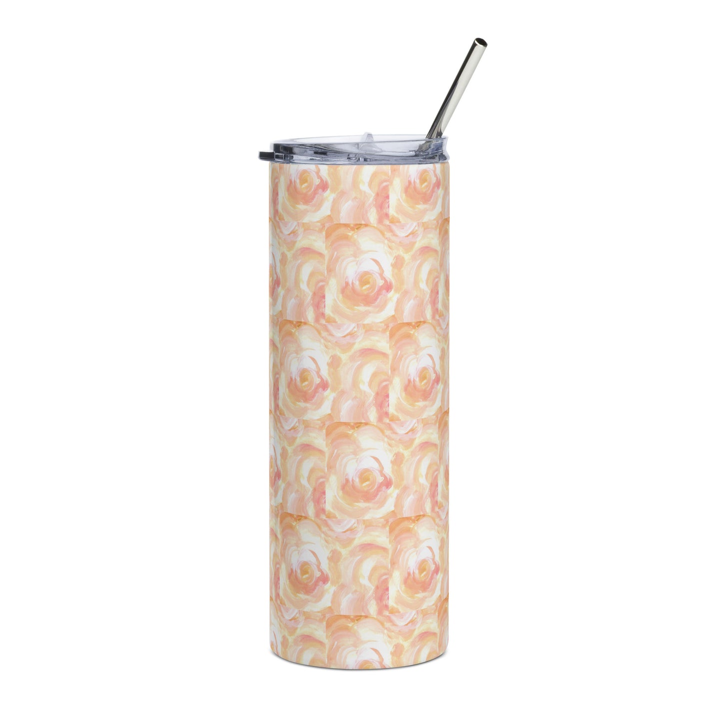 Orange floral design hand-drawn art stainless stell tumbler front view, by Briseis Gifts