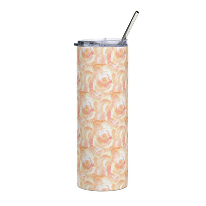 Orange floral design hand-drawn art stainless stell tumbler front view, by Briseis Gifts