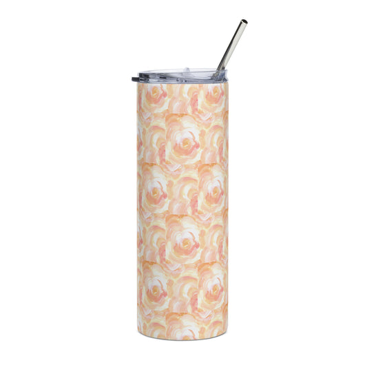 Orange floral design hand-drawn art stainless stell tumbler front view, by Briseis Gifts
