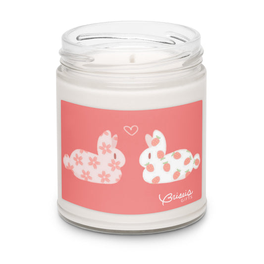 Passionfruit soy jar candle, hand-drawn love bunnies, by Briseis Gifts
