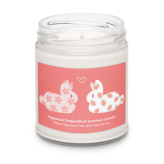 Briseis Gifts peppered passionfruit soy candle with hand-drawn love bunnies