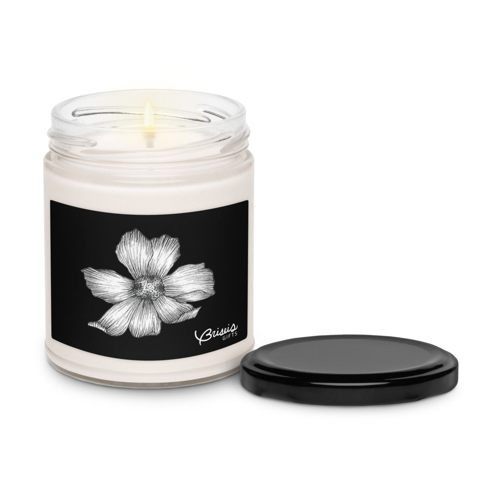 Sea salt orchid soy jar candle with lid, hand-drawn art black and white floral design by Briseis Gifts