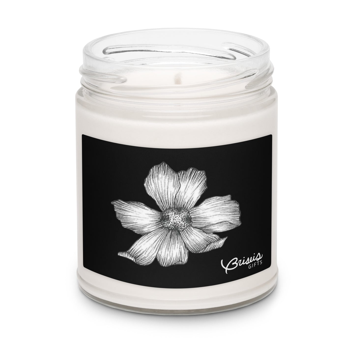 Sea salt orchid soy jar candle, hand-drawn art black and white floral design by Briseis Gifts