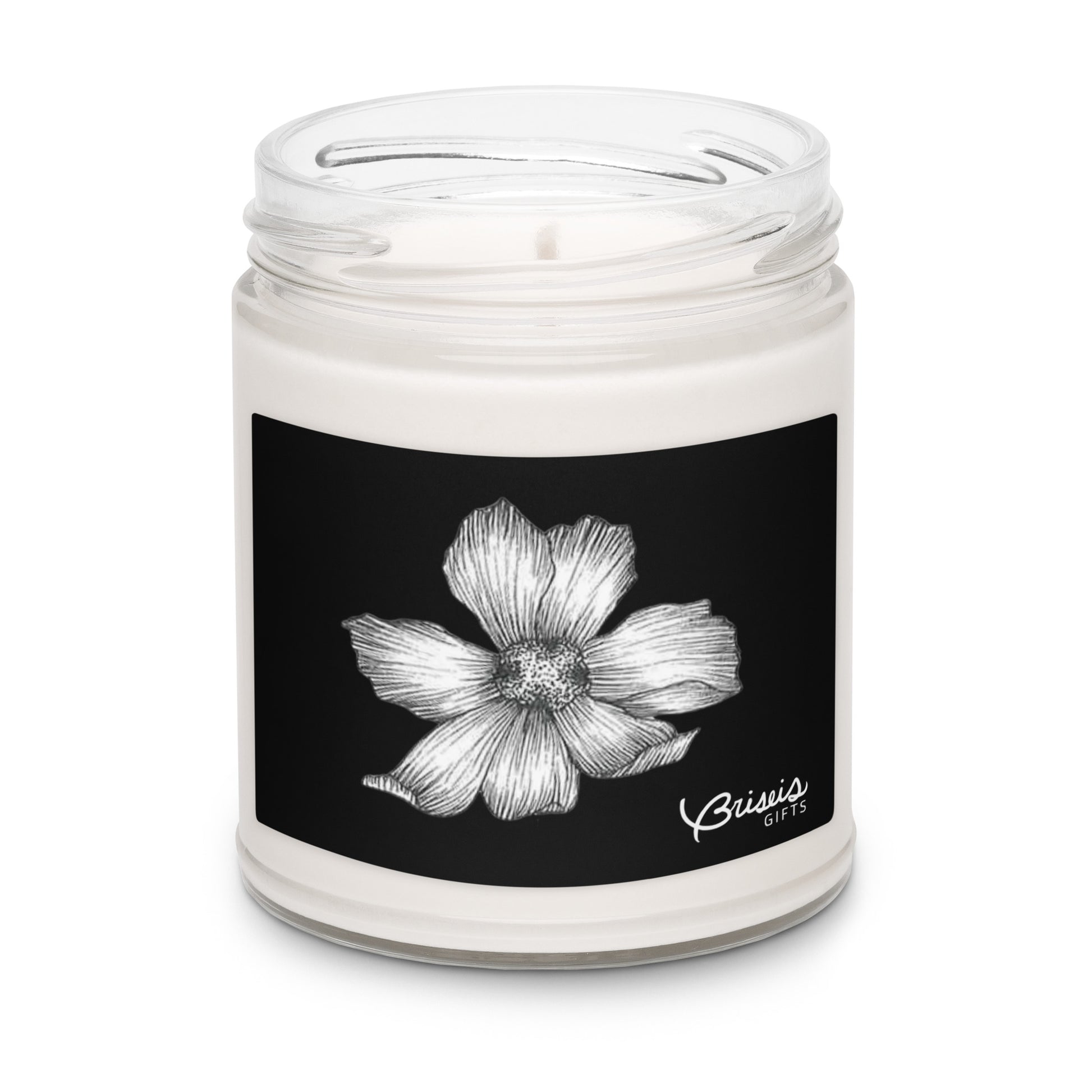 Sea salt orchid soy jar candle, hand-drawn art black and white floral design by Briseis Gifts