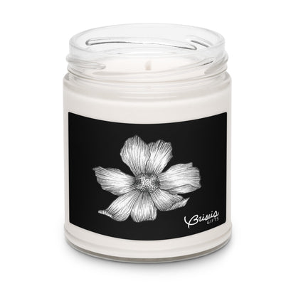 Sea salt orchid soy jar candle, hand-drawn art black and white floral design by Briseis Gifts