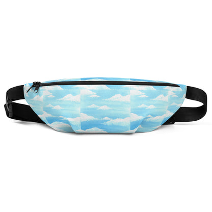 Sky and clouds design hand-drawn art blue fanny pack front view, by Briseis Gifts