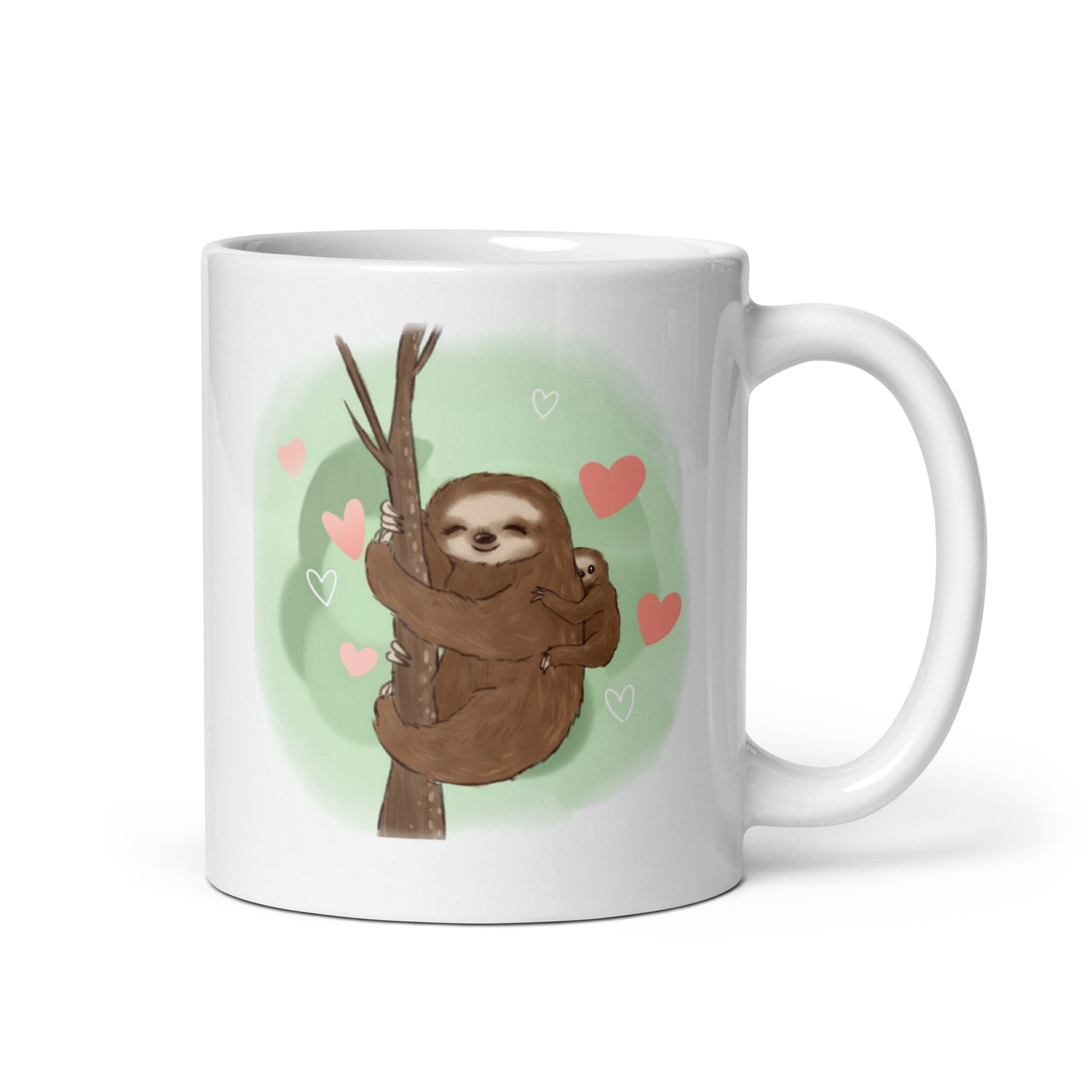Sloth mama and baby hand-drawn art white ceramic mug, graphic side, by Briseis Gifts