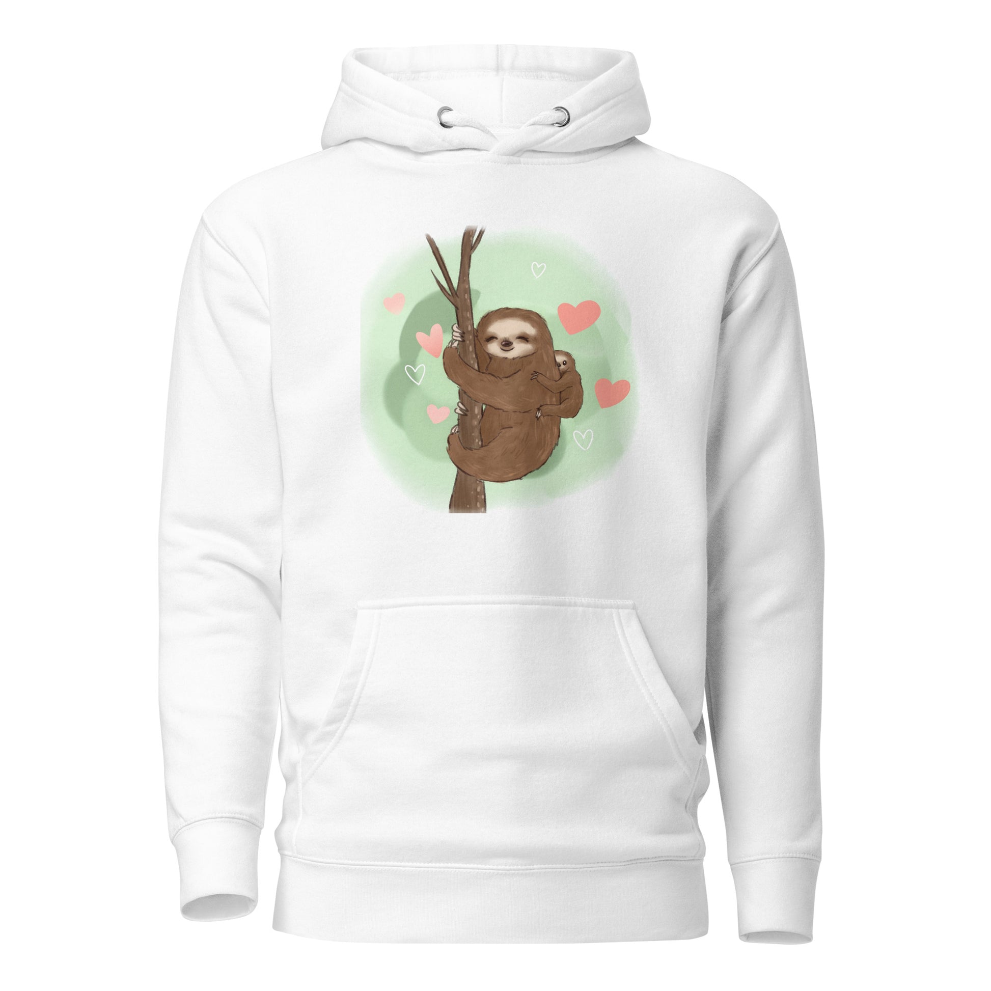 Sloth mama and baby hand-drawn art white hoodie front view
