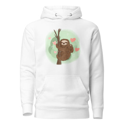 Sloth mama and baby hand-drawn art white hoodie front view