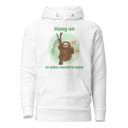 Sloth mama and baby hand-drawn art  statement white hoodie front view