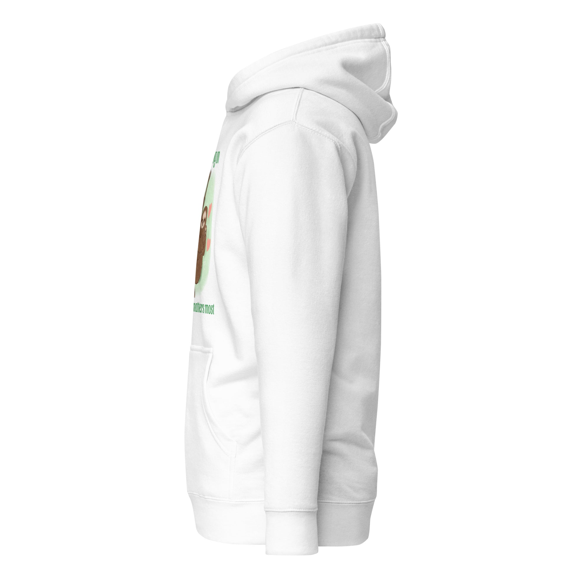 Sloth mama and baby hand-drawn art  statement white hoodie left view