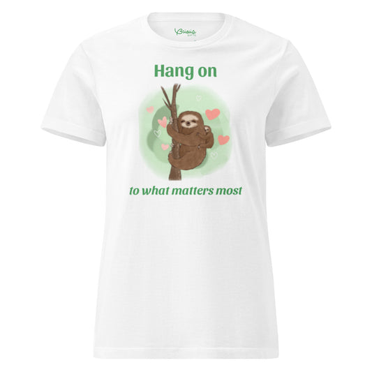 Sloth mama and baby hand-drawn art statement unisex white t-shirt front view