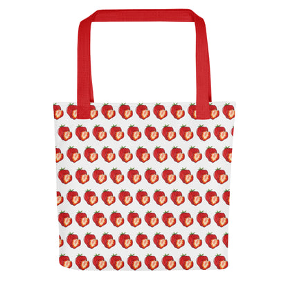 Strawberry slice hand-drawn art white lifestyle bag front view, by Briseis Gifts