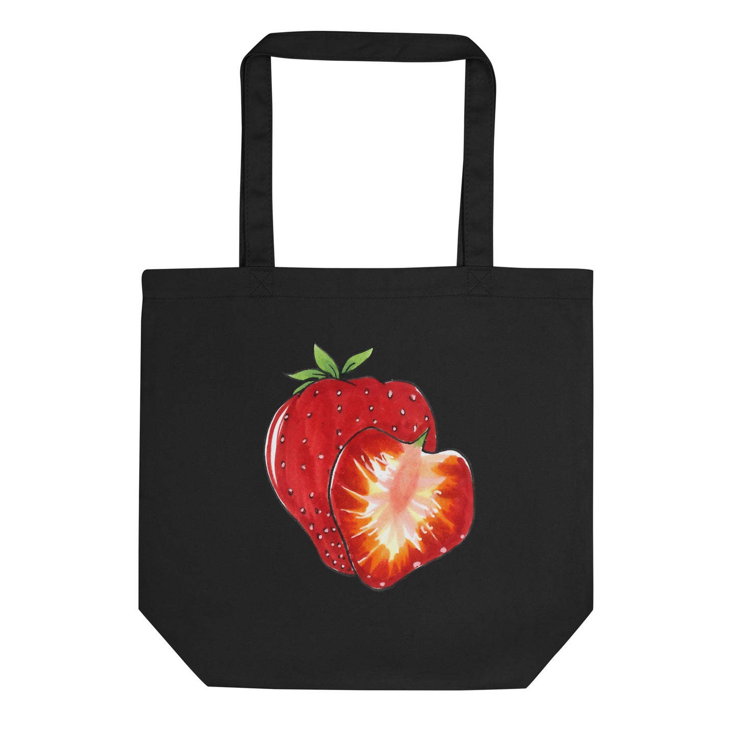 Strawberry design hand-drawn art black organic cotton eco tote bag front view, by Briseis Gifts