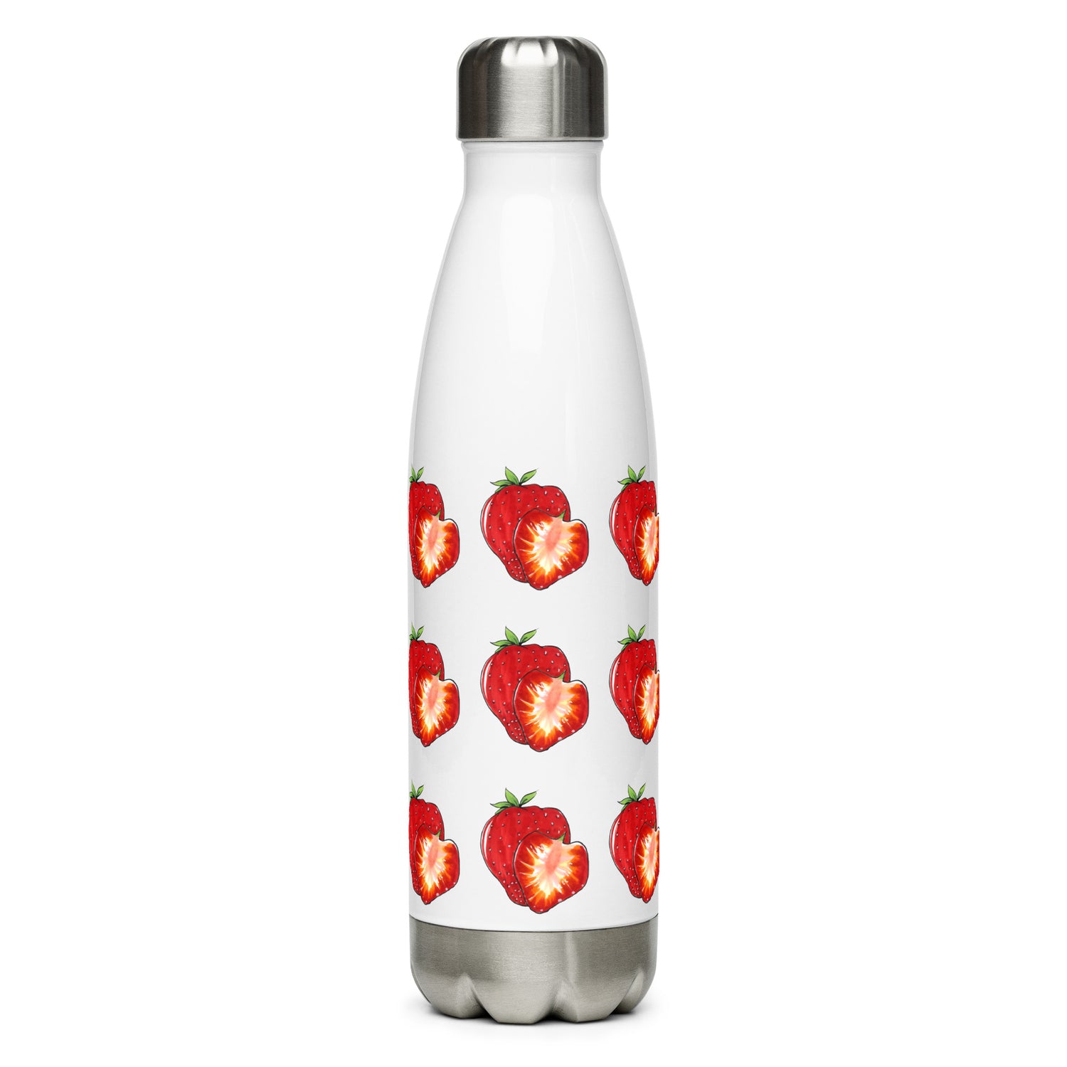 Strawberry slice design hand-drawn art white stainless steel water bottle front view, by Briseis Gifts
