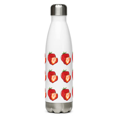 Strawberry slice design hand-drawn art white stainless steel water bottle side view, by Briseis Gifts