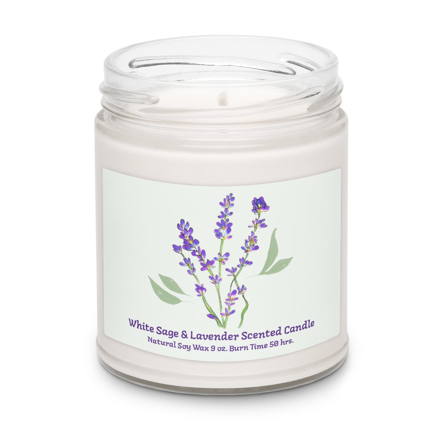 Briseis Gifts white sage and lavender soy candle with hand-drawn herbal design